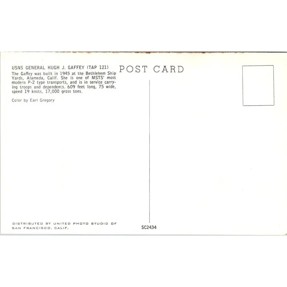 USNS General Hugh J. Gaffey Bethlehem Ship Yards Vintage Postcard SPZ19 - Picture 2 of 2